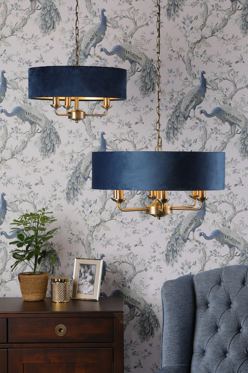 Laura Ashley Sorrento 3lt Pendant, Ottone Antico e Velluto Blu