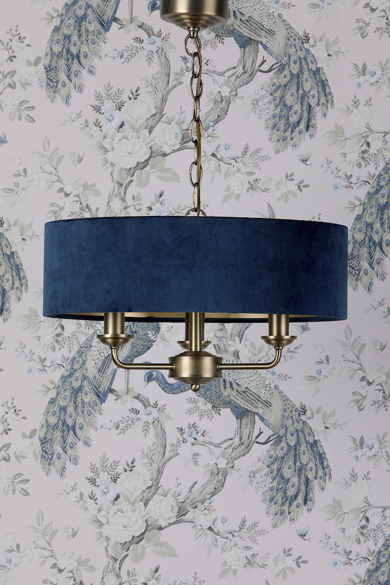 Laura Ashley Sorrento 3lt Pendant, Ottone Antico e Velluto Blu