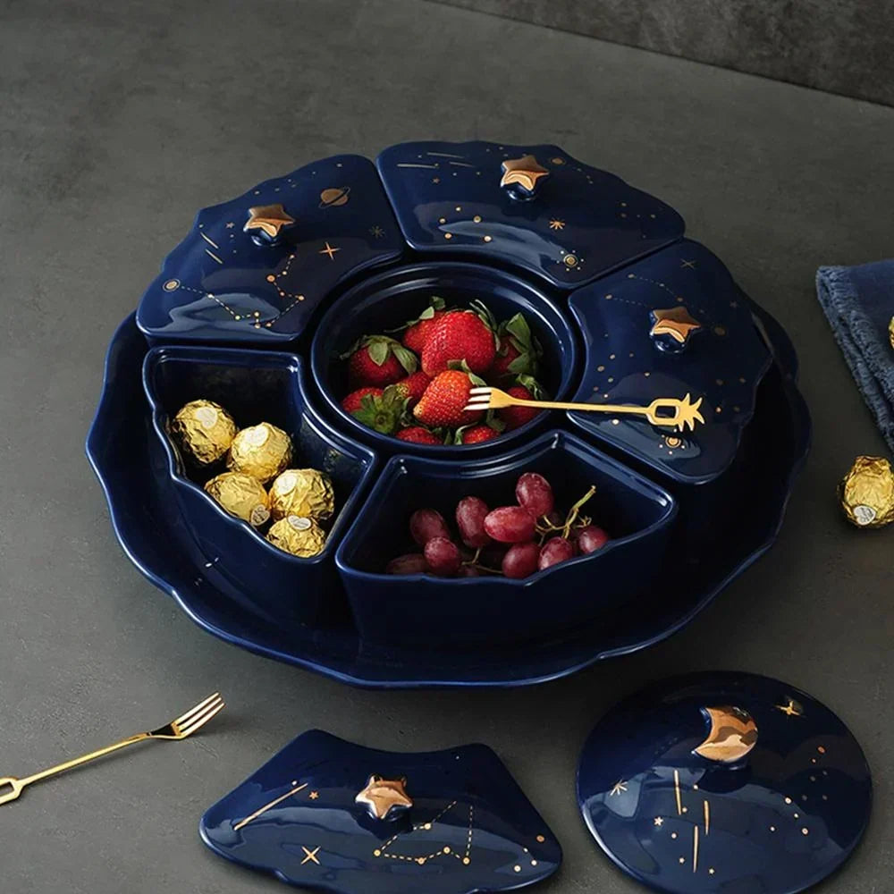 Piatto Rotante in Ceramica con 5 Scomparti – Design Cielo Stellato per Stuzzichini e Snack