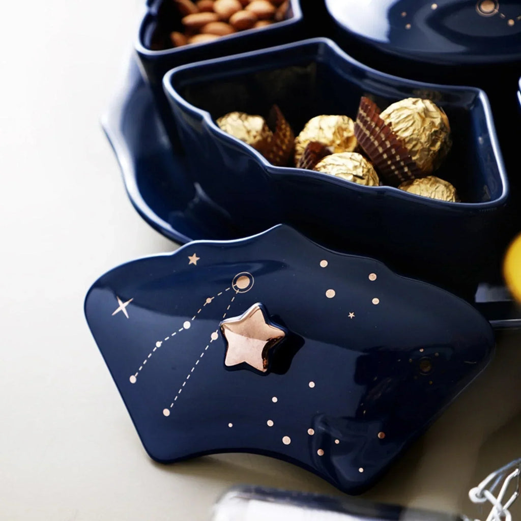 Piatto Rotante in Ceramica con 5 Scomparti – Design Cielo Stellato per Stuzzichini e Snack