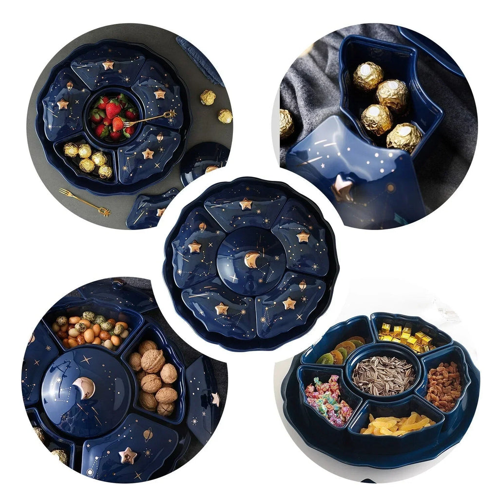 Piatto Rotante in Ceramica con 5 Scomparti – Design Cielo Stellato per Stuzzichini e Snack