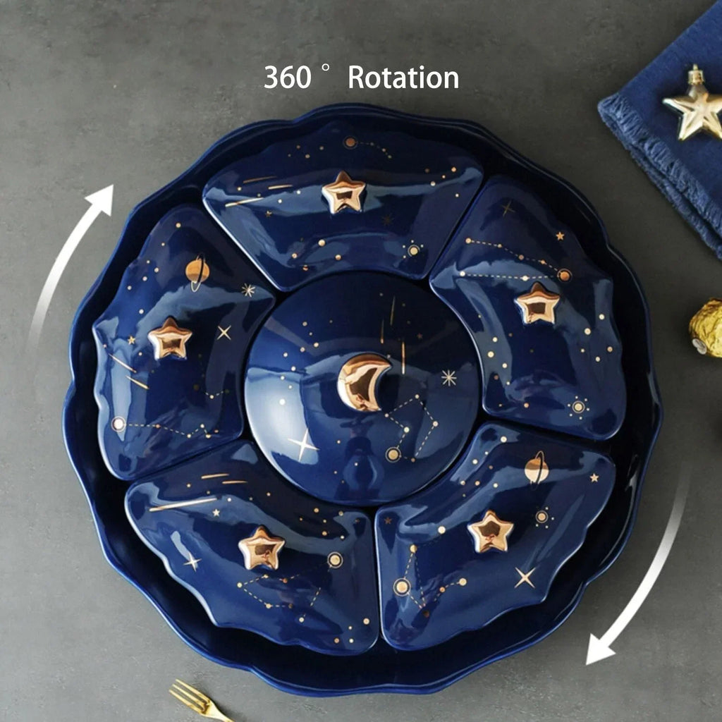 Piatto Rotante in Ceramica con 5 Scomparti – Design Cielo Stellato per Stuzzichini e Snack