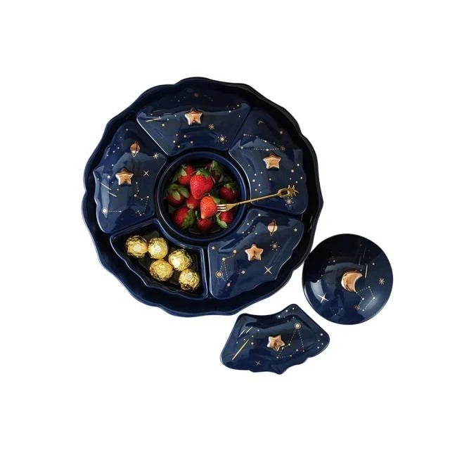 Piatto Rotante in Ceramica con 5 Scomparti – Design Cielo Stellato per Stuzzichini e Snack