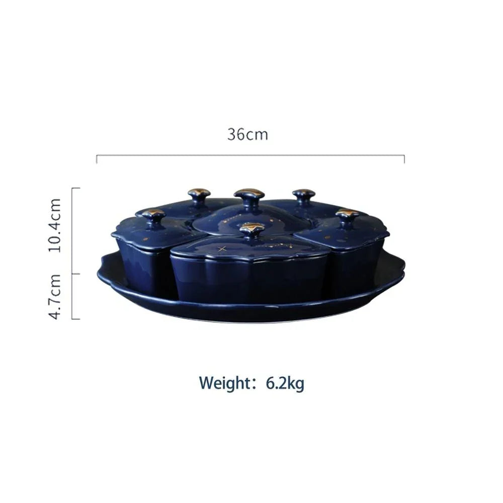 Piatto Rotante in Ceramica con 5 Scomparti – Design Cielo Stellato per Stuzzichini e Snack