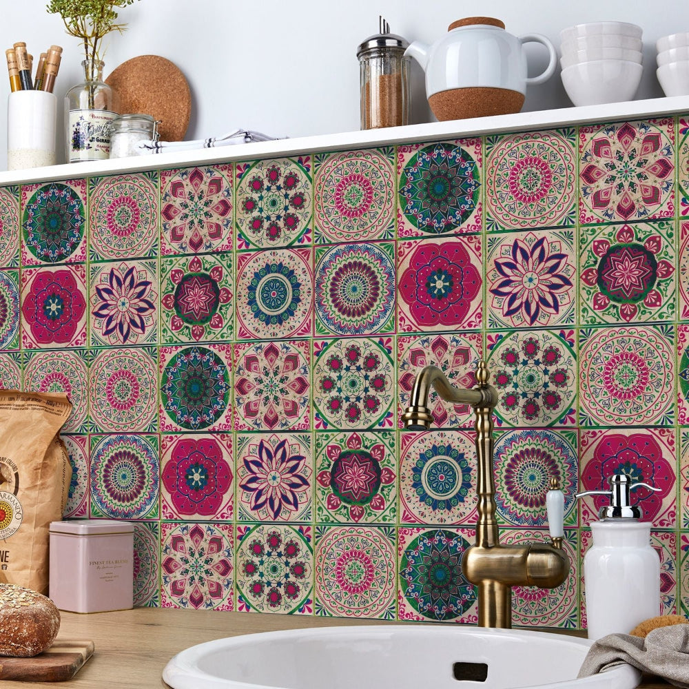 Adesivi per piastrelle portoghesi autoadesivi con motivo mandala colorato per decorazione murale di cucina e bagno set di 24 pezzi | Sansoti