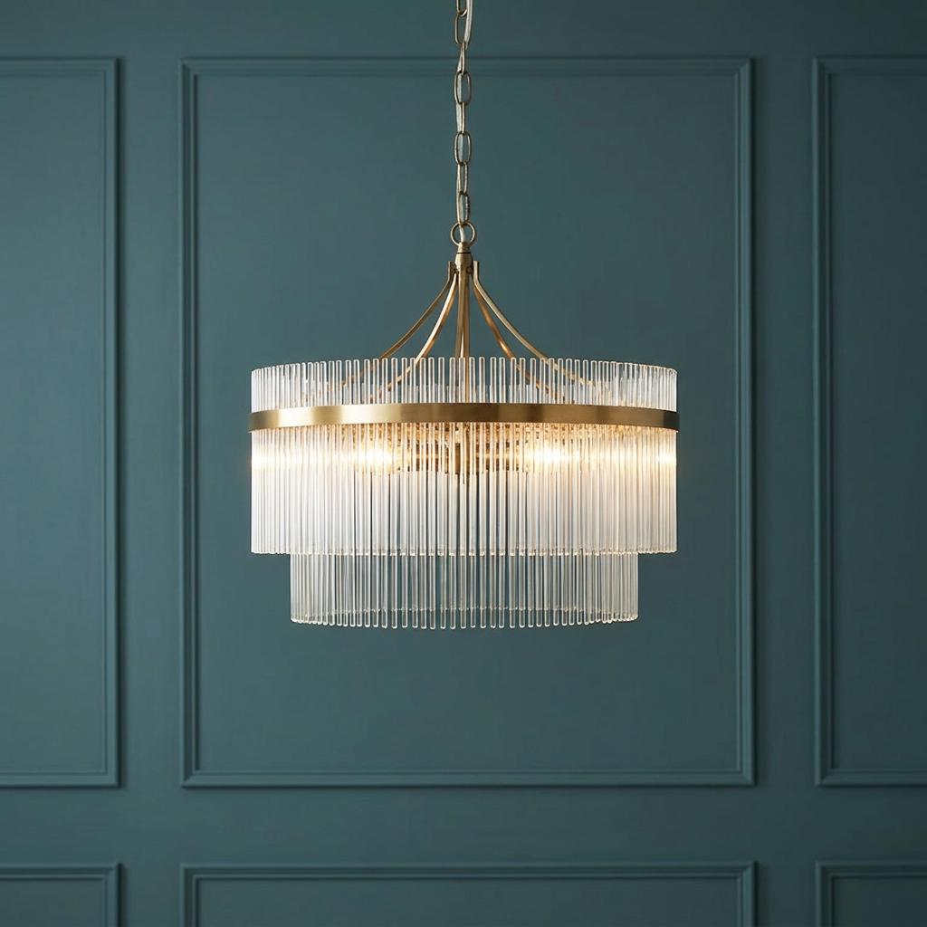Lampadario Marietta in Ottone con 5 Luci - Aste di Vetro