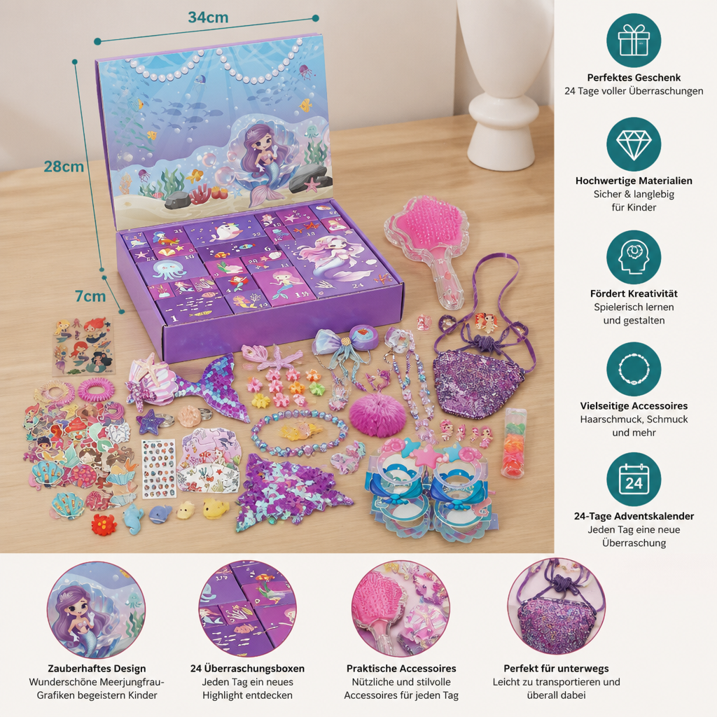 Calendario dell'Avvento Sirena – 24 Giorni con Accessori per Capelli e Sorprese