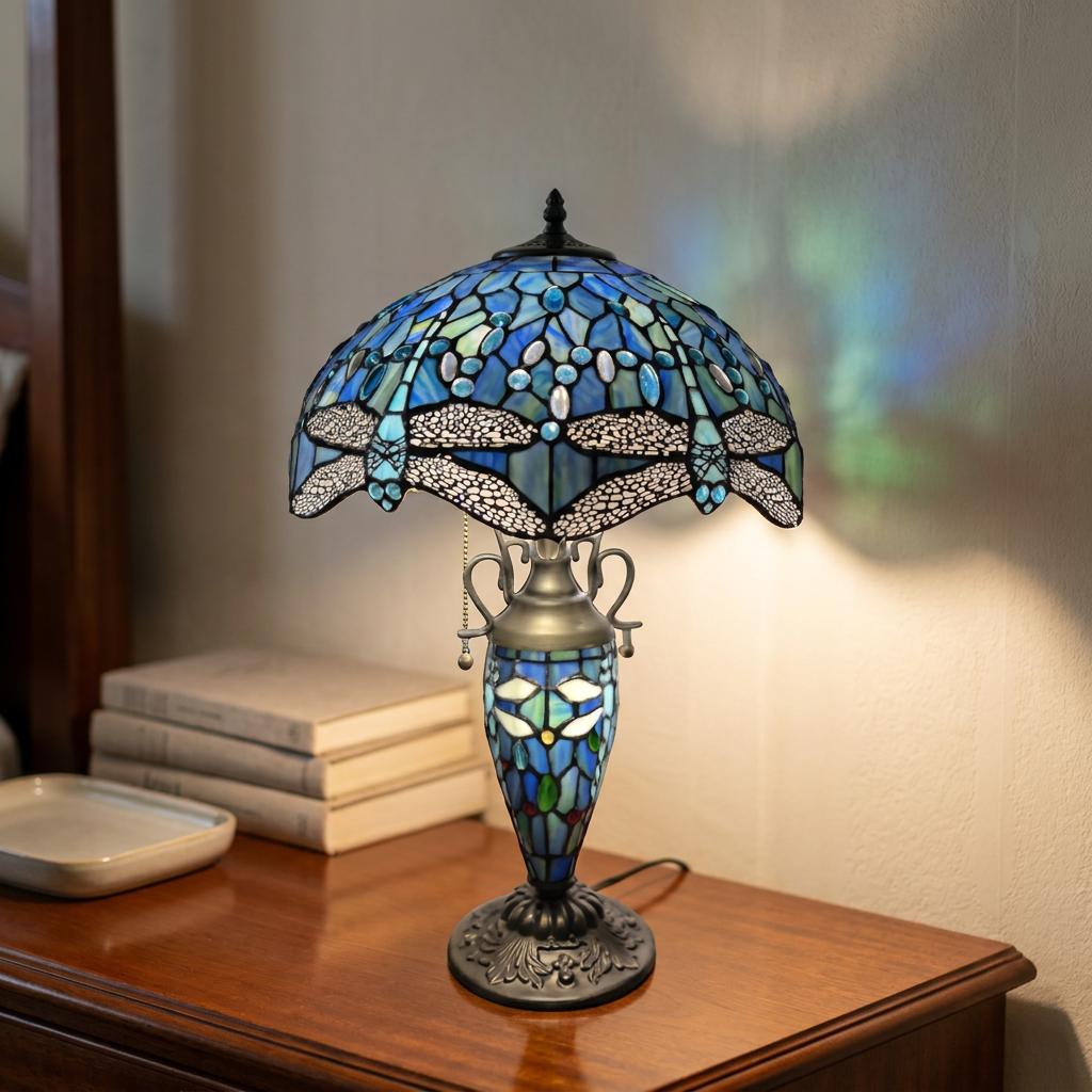 Lampada da Tavolo Tiffany Minster Blu Libellula 14"