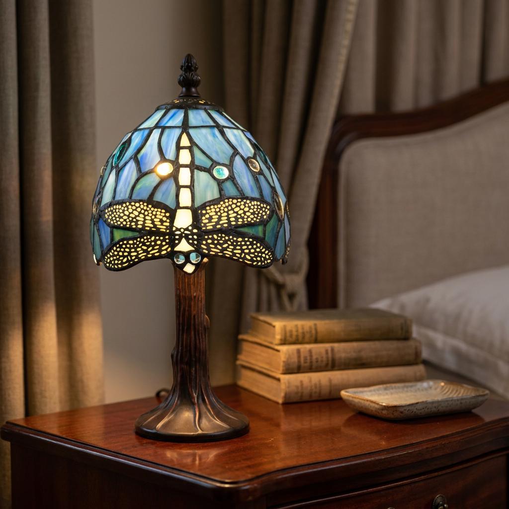 Lampada da Tavolo da Notte Tiffany 15cm Libellula Blu Minster