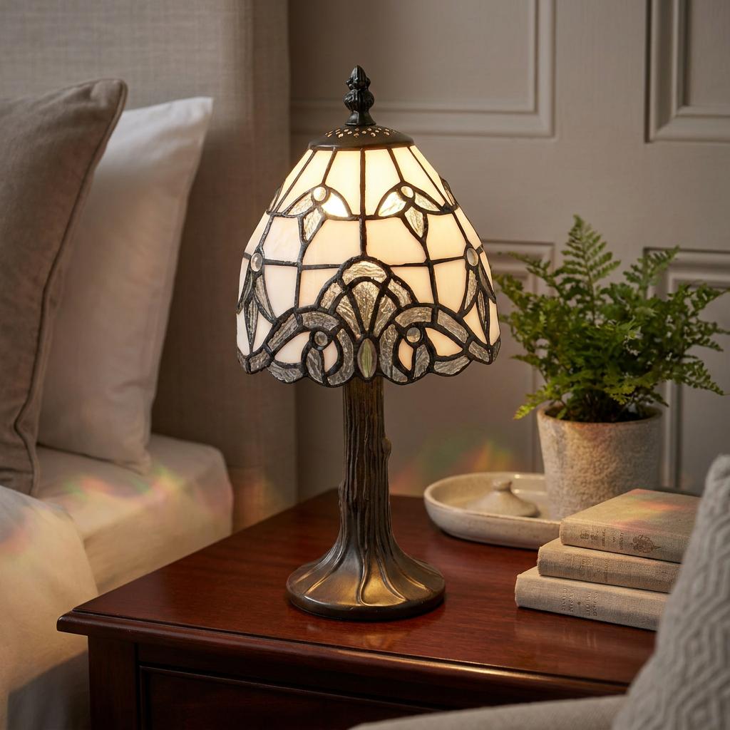 Lampada da Tavolo Morcott Tiffany Bianco e Argento 15cm
