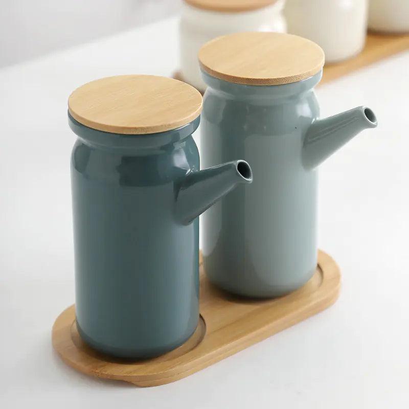 Dispenser Ceramico per Olio e Aceto Elara Haus – Teal e Bambù