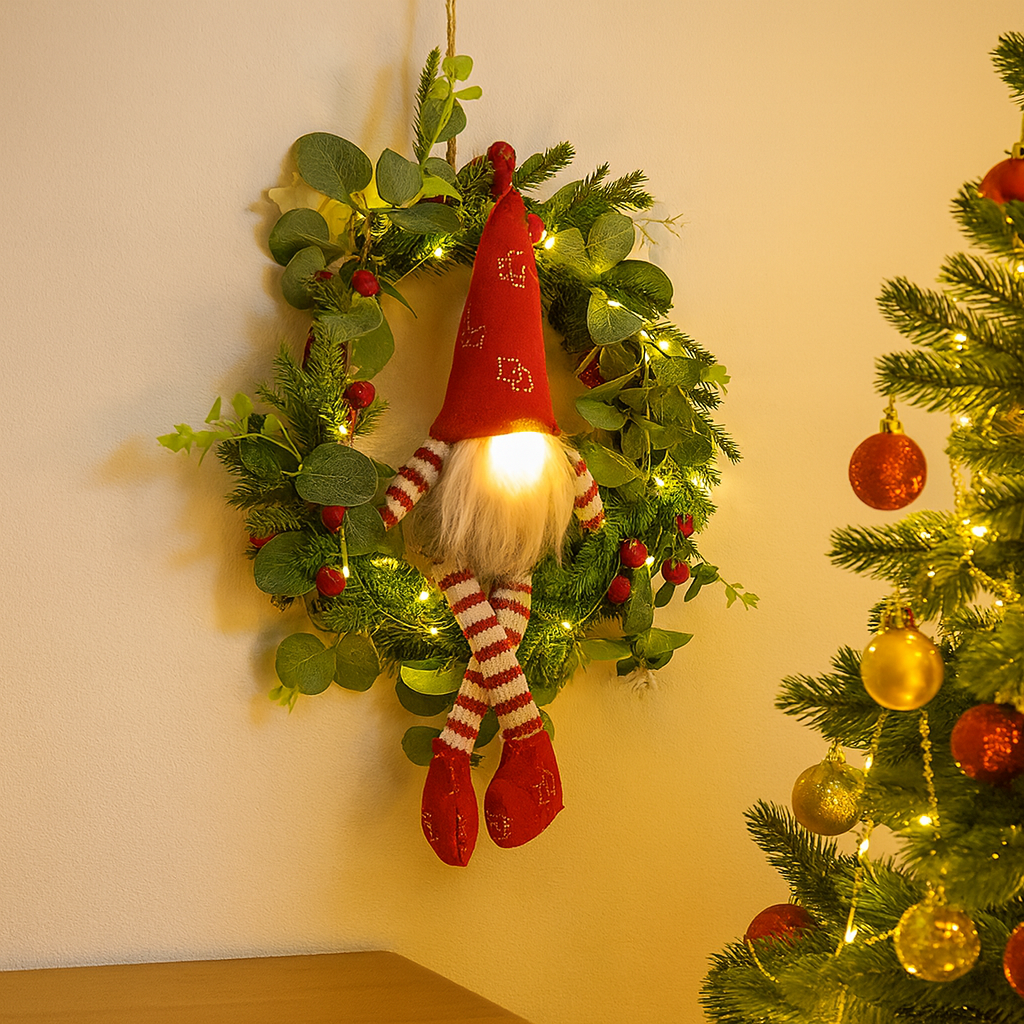 Corona di Natale con Gnomo – Illuminazione Natalizia Decorativa a LED