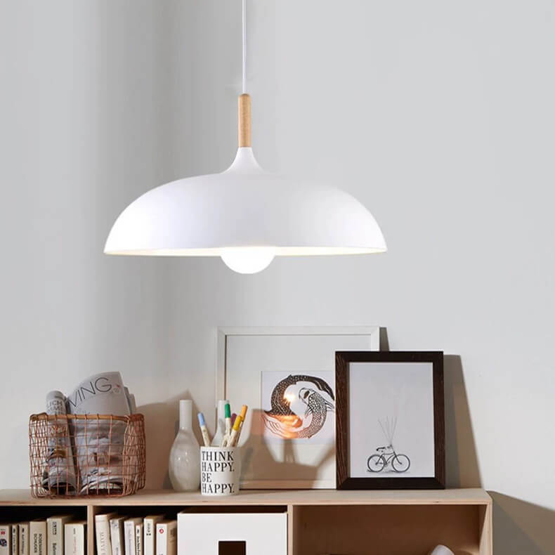 Lampada a sospensione a cupola in metallo e legno minimalista moderna con 1 luce per sala da pranzo e soggiorno