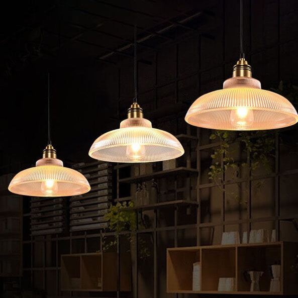 Lampada a Sospensione Vintage con Coperchio Striato in Vetro 1 Luce