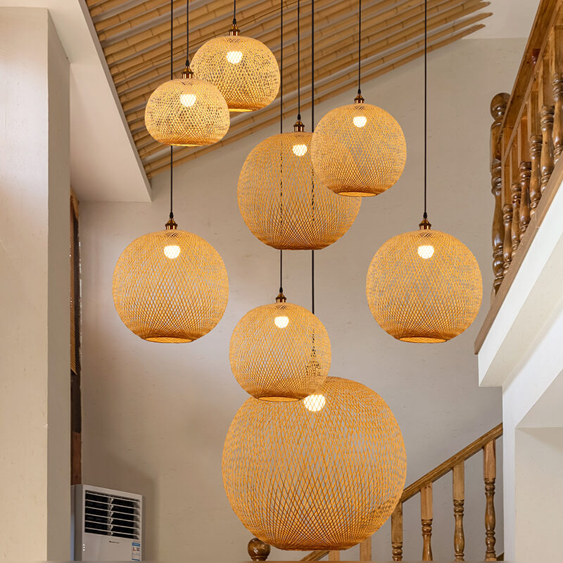 Pendente Giapponese in Rattan Beige a Sfera Rotonda con 1 Luce