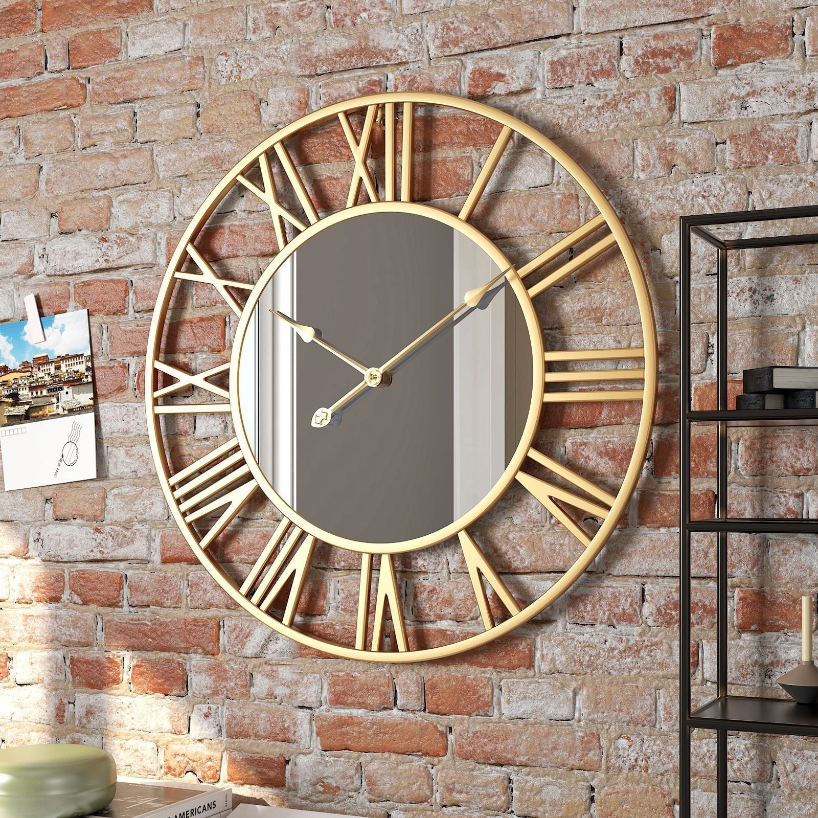 Frendorf | Orologio da parete in metallo vintage grande con specchio 39cm