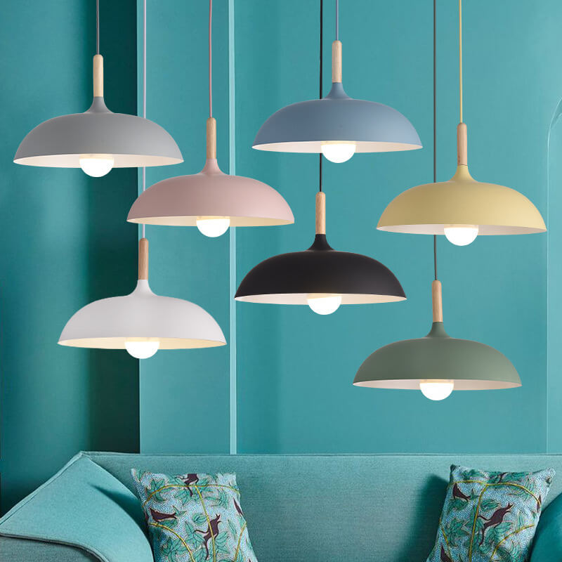 Lampada a sospensione a cupola in metallo e legno minimalista moderna con 1 luce per sala da pranzo e soggiorno