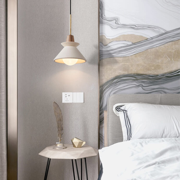 Luce a sospensione moderna minimalista in cemento bianco e legno di ferro con 1 lampadina per sala da pranzo