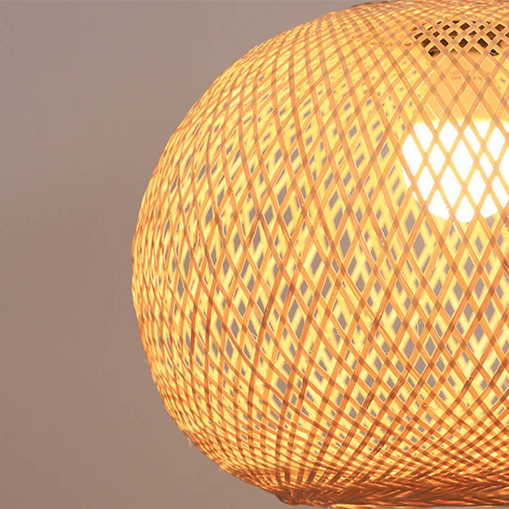 Pendente Giapponese in Rattan Beige a Sfera Rotonda con 1 Luce