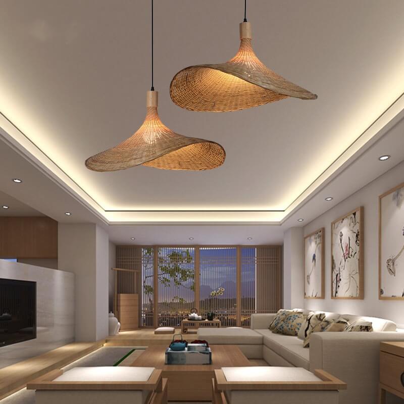 Lampada a sospensione con cappello di paglia in bambù intrecciato a 1 luce
