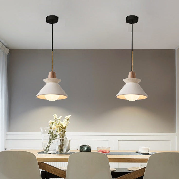 Luce a sospensione moderna minimalista in cemento bianco e legno di ferro con 1 lampadina per sala da pranzo