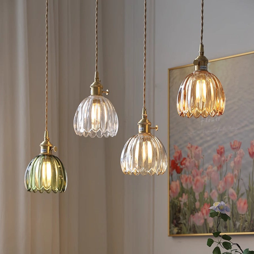 Lampada a sospensione in vetro rigato giapponese