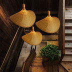 Lampada a sospensione con cappello di paglia in bambù intrecciato a 1 luce