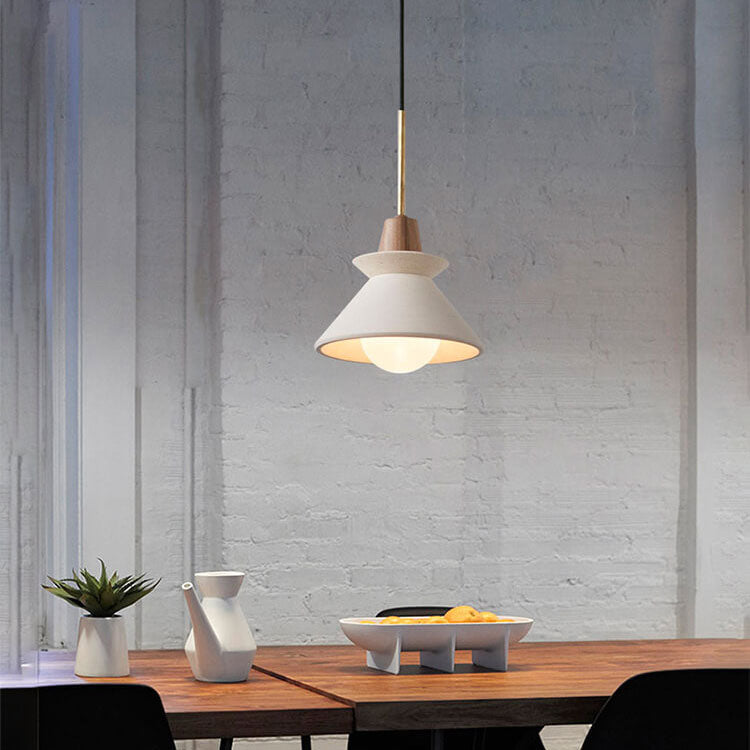 Luce a sospensione moderna minimalista in cemento bianco e legno di ferro con 1 lampadina per sala da pranzo