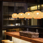 Pendente Giapponese in Rattan Beige a Sfera Rotonda con 1 Luce