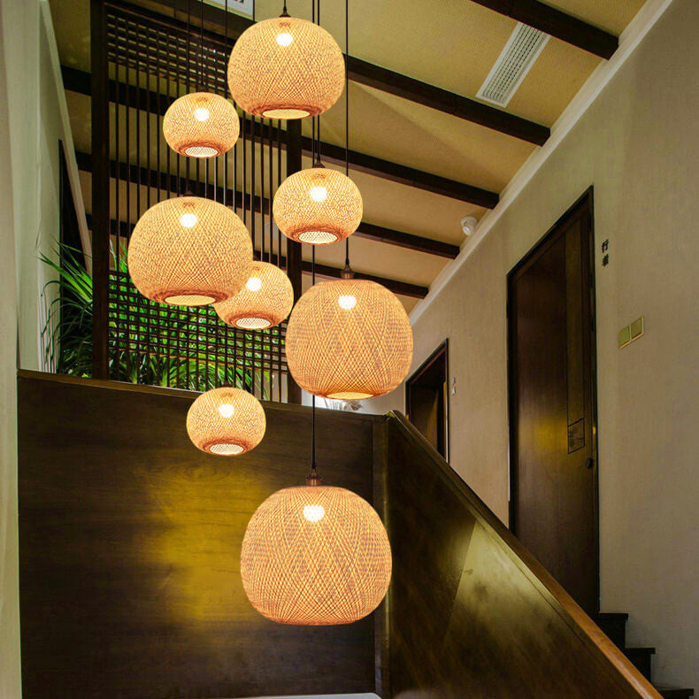 Pendente Giapponese in Rattan Beige a Sfera Rotonda con 1 Luce