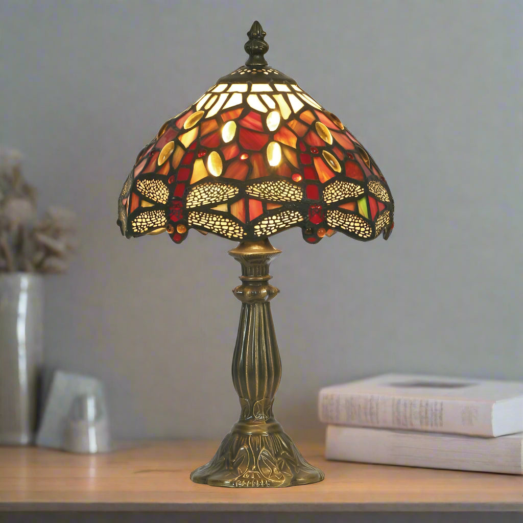 Lampada da Tavolo da Comodino Oaks Green Dragonfly Tiffany 7"