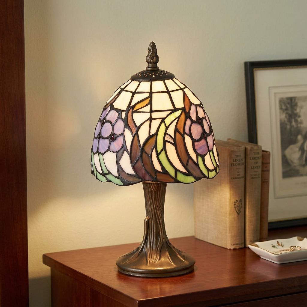 Lampada da Tavolo Notturno Tiffany con Fiore Blu Oaks