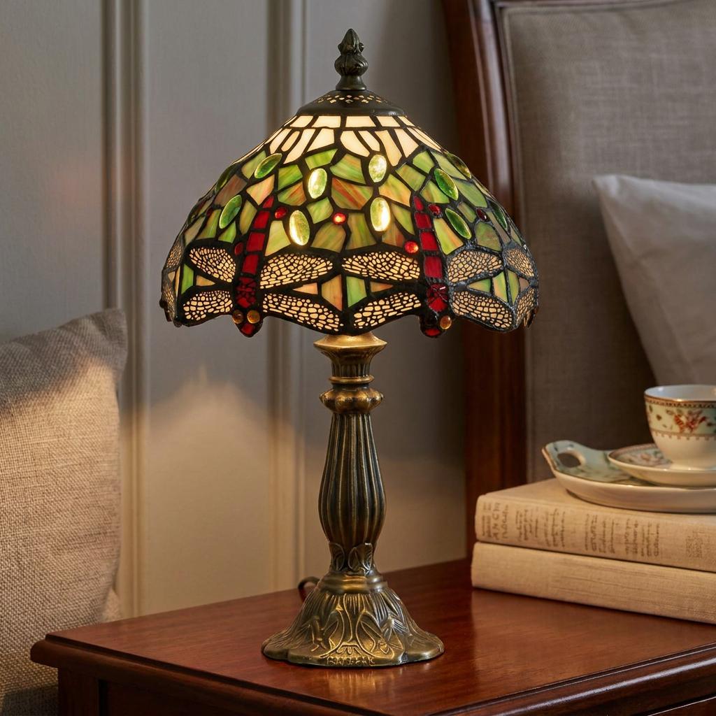 Lampada da Tavolo da Comodino Oaks Green Dragonfly Tiffany 7"