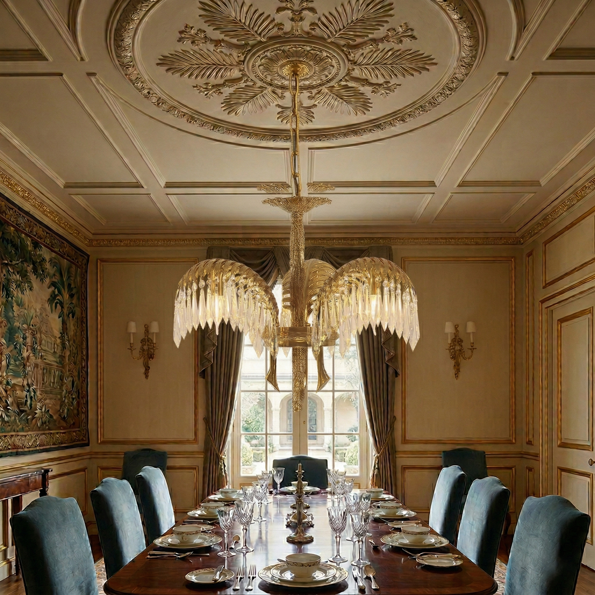 Lampadario in Cristallo con Foglia di Palma in Ottone