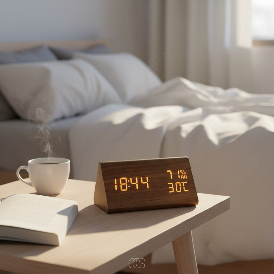 OCS - Orologio sveglia LED in legno multifunzionale con temperatura e umidità - Sveglia digitale con display dimmerabile