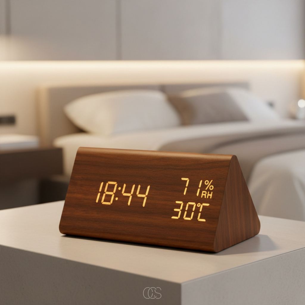 OCS - Orologio sveglia LED in legno multifunzionale con temperatura e umidità - Sveglia digitale con display dimmerabile