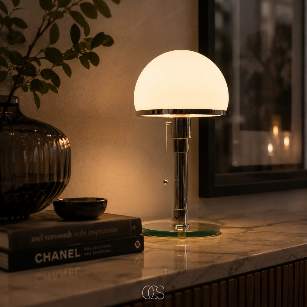 OCS - Lampada da tavolo di design con paralume in vetro