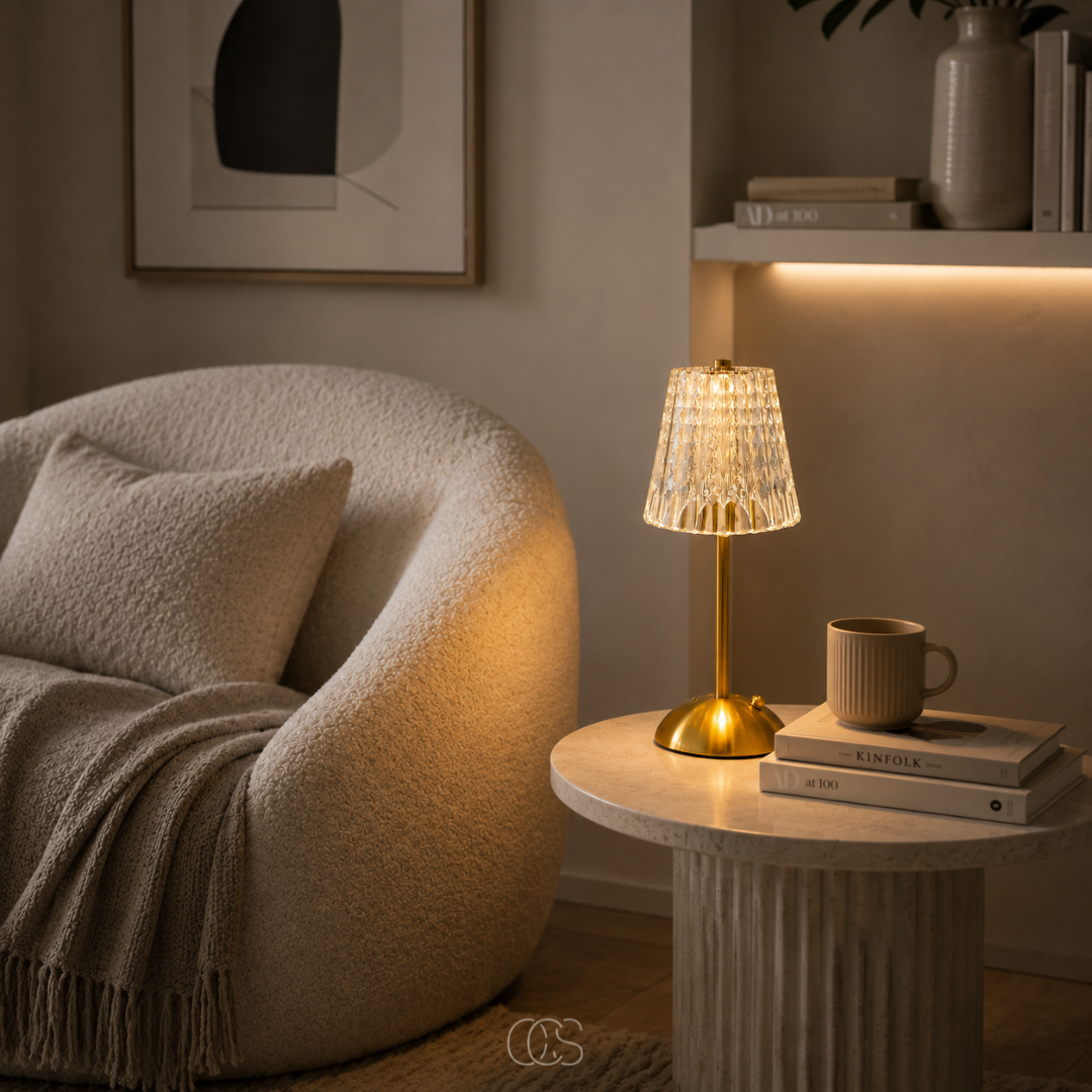 OCS - Blom LED Vintage Lampada da Tavolo Wireless - Look Cristallo di Lusso con Cornice Dorata