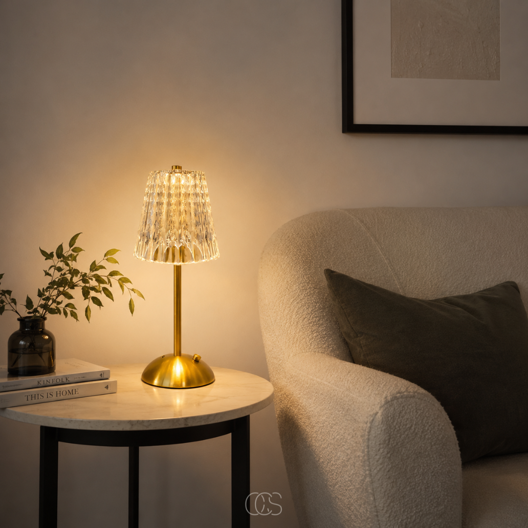OCS - Blom LED Vintage Lampada da Tavolo Wireless - Look Cristallo di Lusso con Cornice Dorata