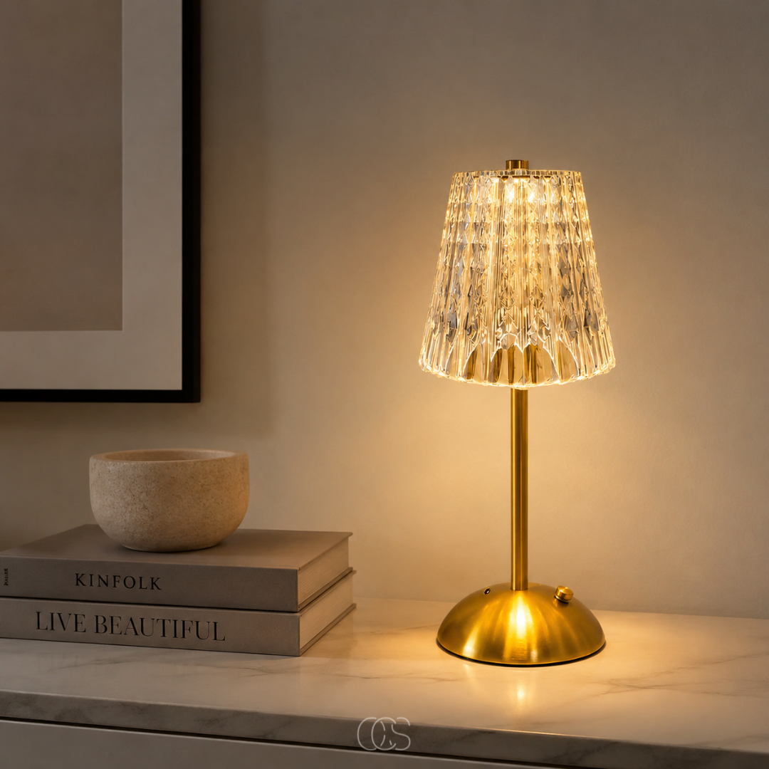 OCS - Blom LED Vintage Lampada da Tavolo Wireless - Look Cristallo di Lusso con Cornice Dorata