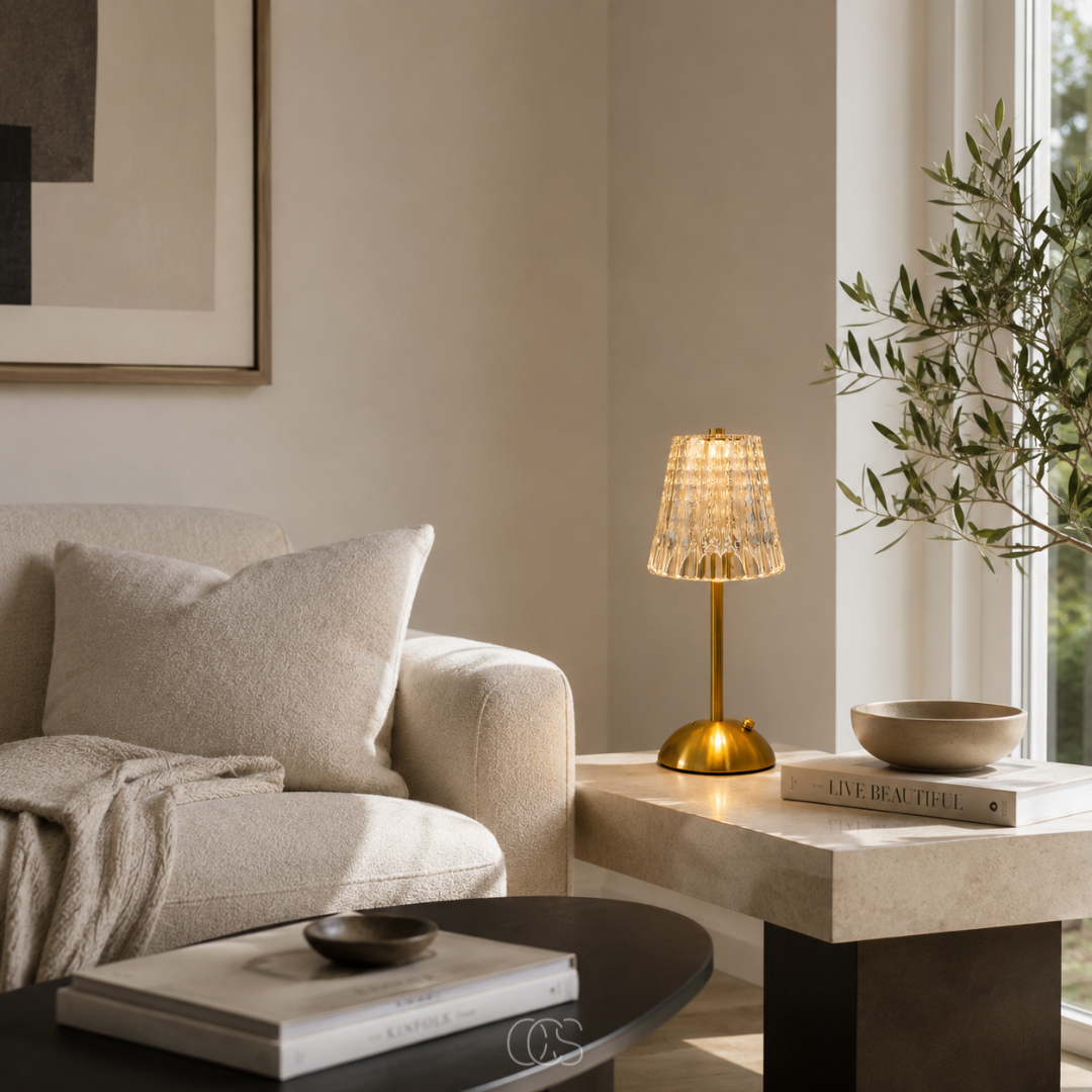 OCS - Blom LED Vintage Lampada da Tavolo Wireless - Look Cristallo di Lusso con Cornice Dorata