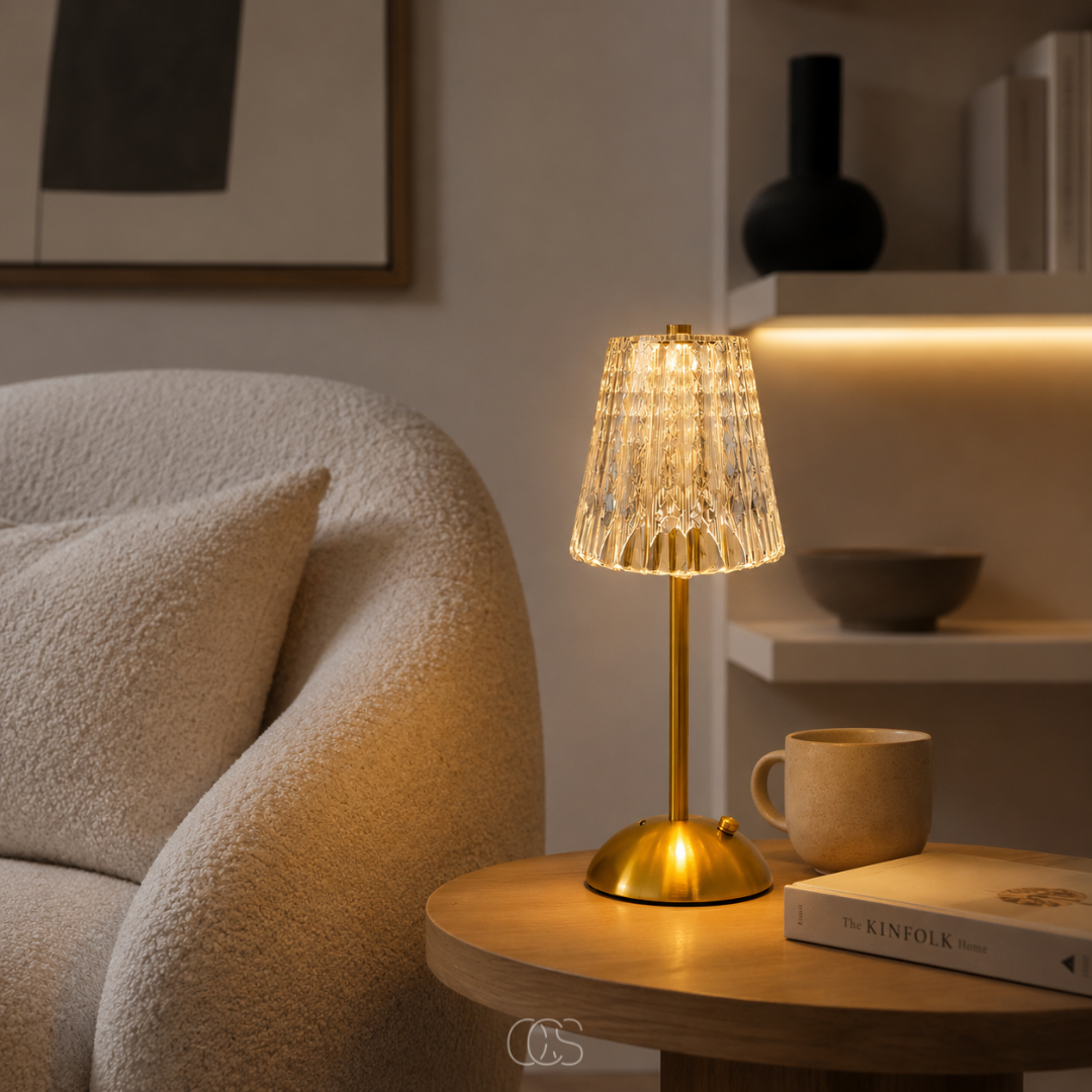 OCS - Blom LED Vintage Lampada da Tavolo Wireless - Look Cristallo di Lusso con Cornice Dorata