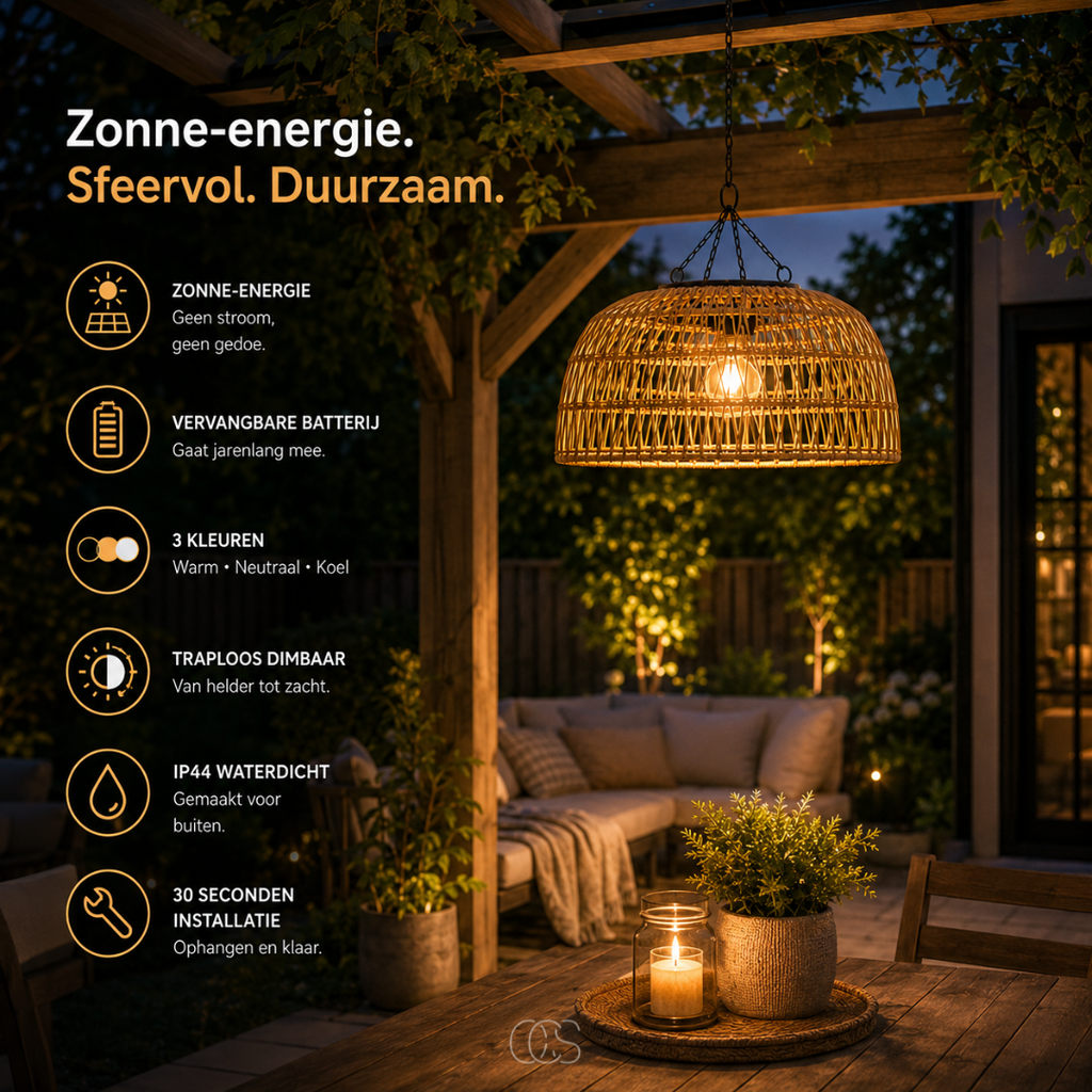 OCS - Lampada a Sospensione Solare in Rattan - Lampada da Esterno Senza Fili con Luce Calda e Atmosferica