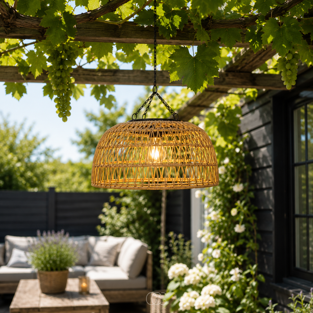 OCS - Lampada a Sospensione Solare in Rattan - Lampada da Esterno Senza Fili con Luce Calda e Atmosferica