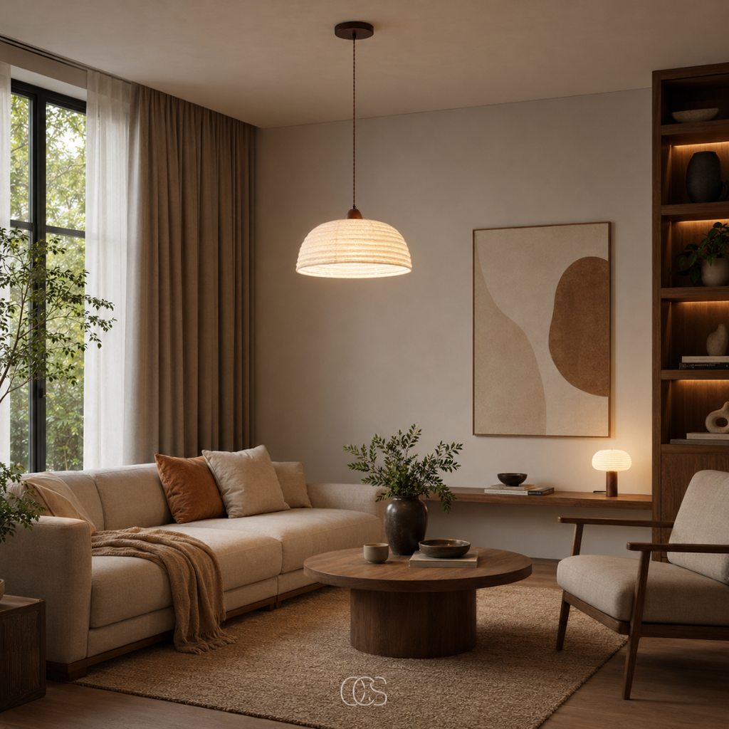 OCS - Lampada a sospensione Trampa Japandi in legno e lino - illuminazione calda e accogliente