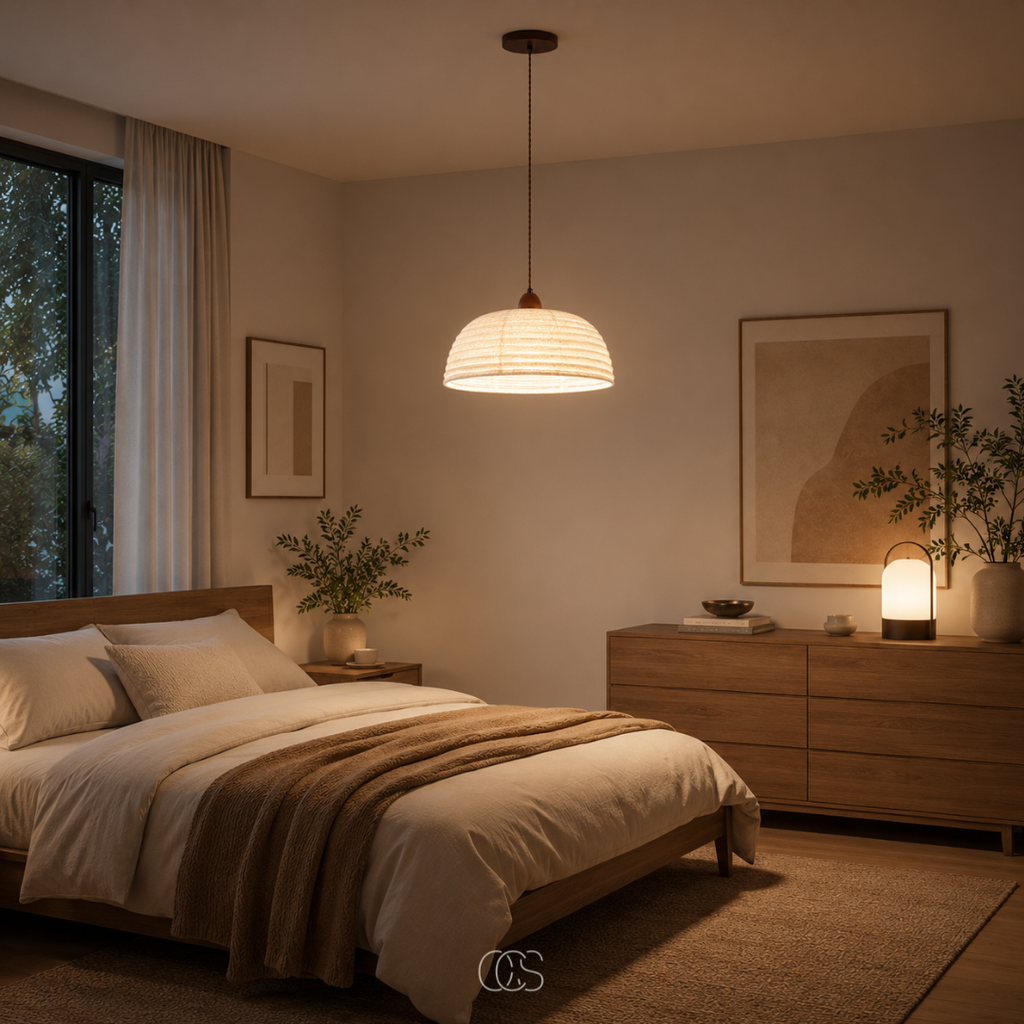 OCS - Lampada a sospensione Trampa Japandi in legno e lino - illuminazione calda e accogliente