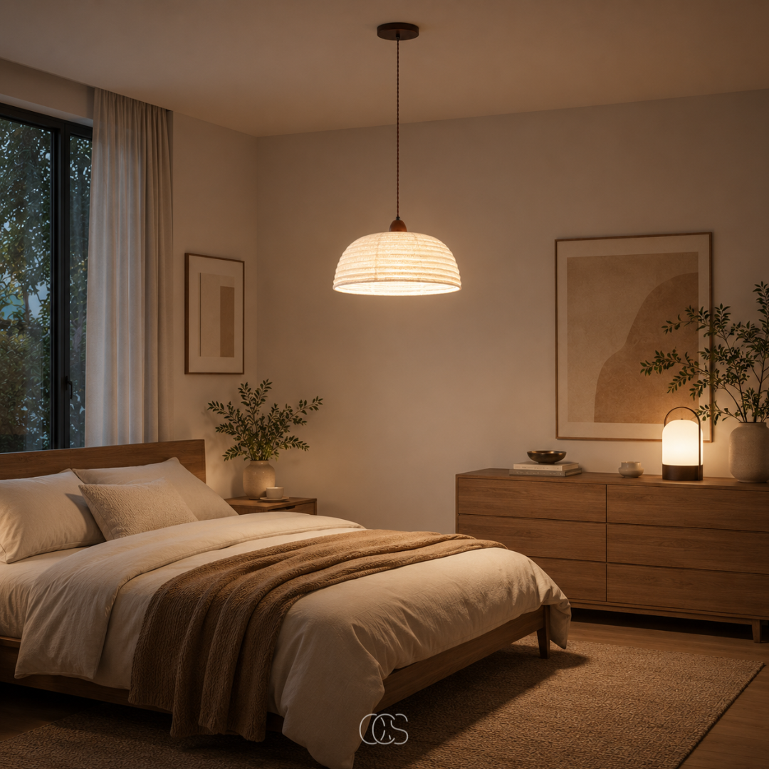 OCS - Lampada a sospensione Trampa Japandi in legno e lino - illuminazione calda e accogliente