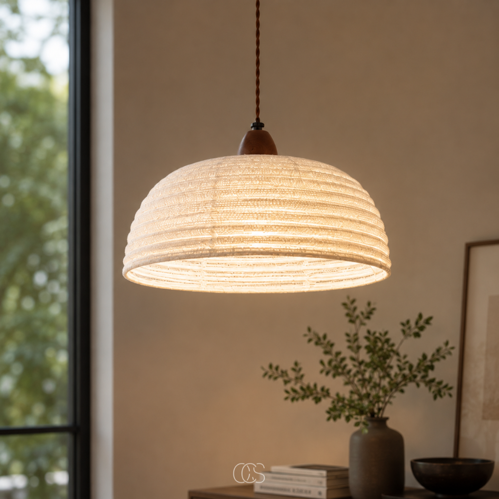 OCS - Lampada a sospensione Trampa Japandi in legno e lino - illuminazione calda e accogliente