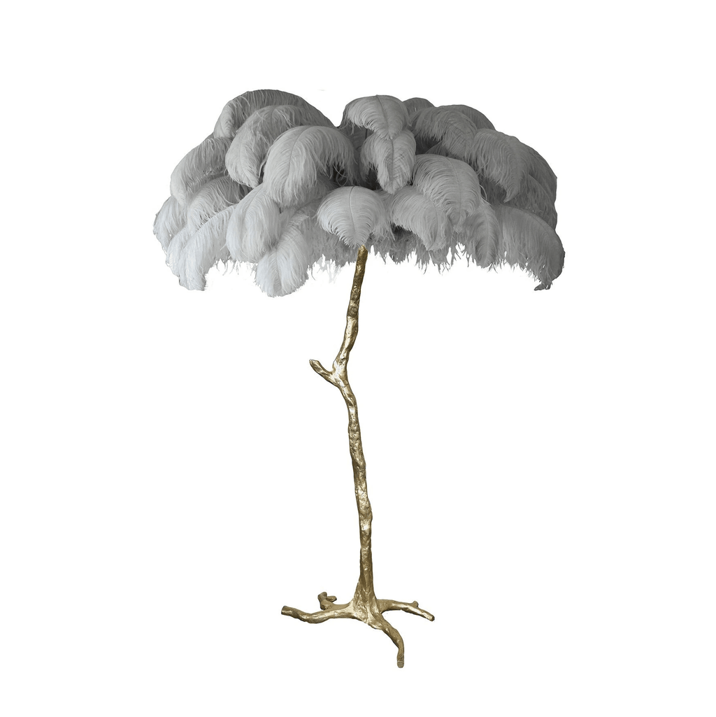 Lampada da terra in ottone con piume di struzzo
