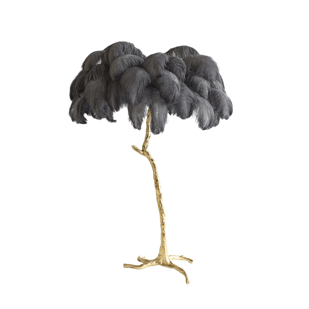 Lampada da terra in ottone con piume di struzzo